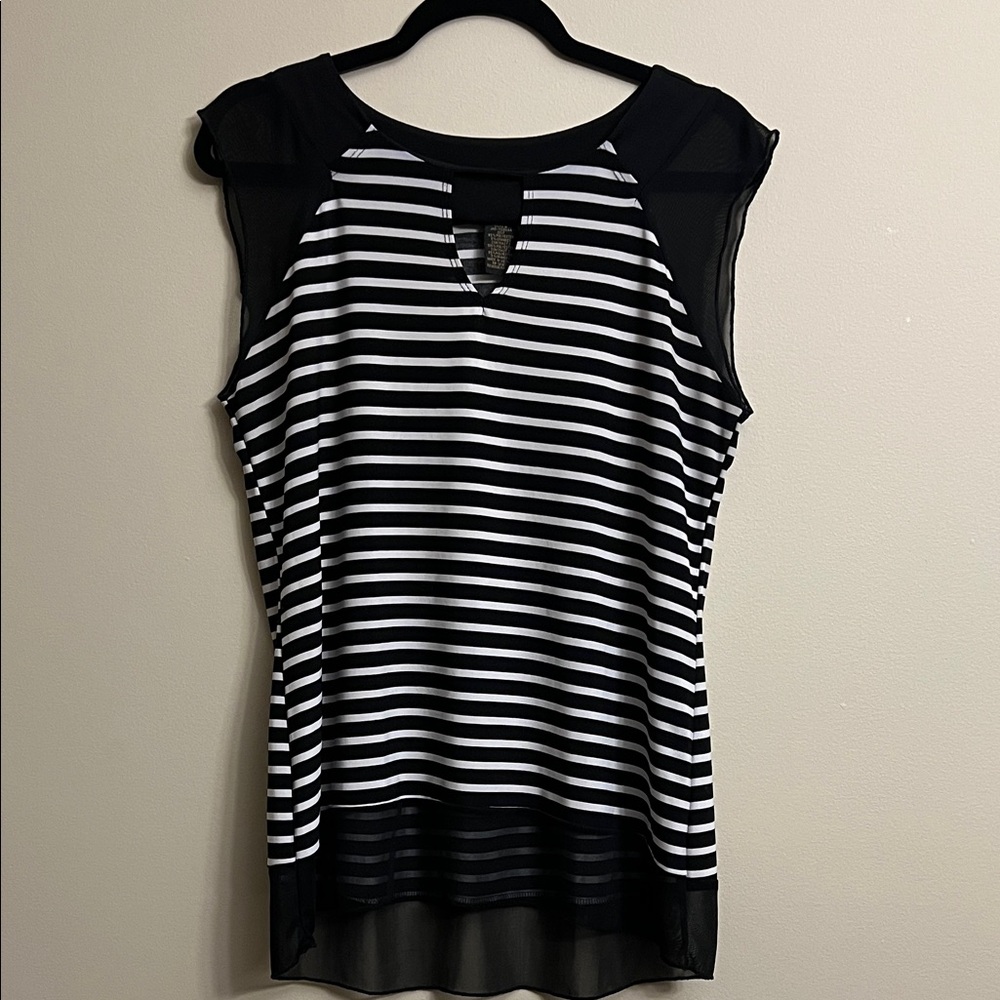 Susan Lawrence Striped Blouse with Sheer shoulders and underlay. Size M